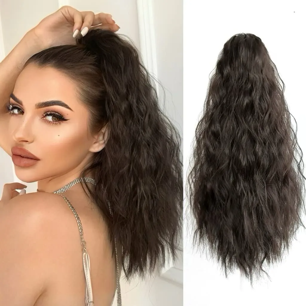 Pony Tail Extensions Wavy Claw Clip Ponytail Extension 18" Long Natural Fake Ponytails Synthetic Fluffy Natural Clips in Hair Pieces for Black Women Party Daily Use 6 Oz Darkest Brown