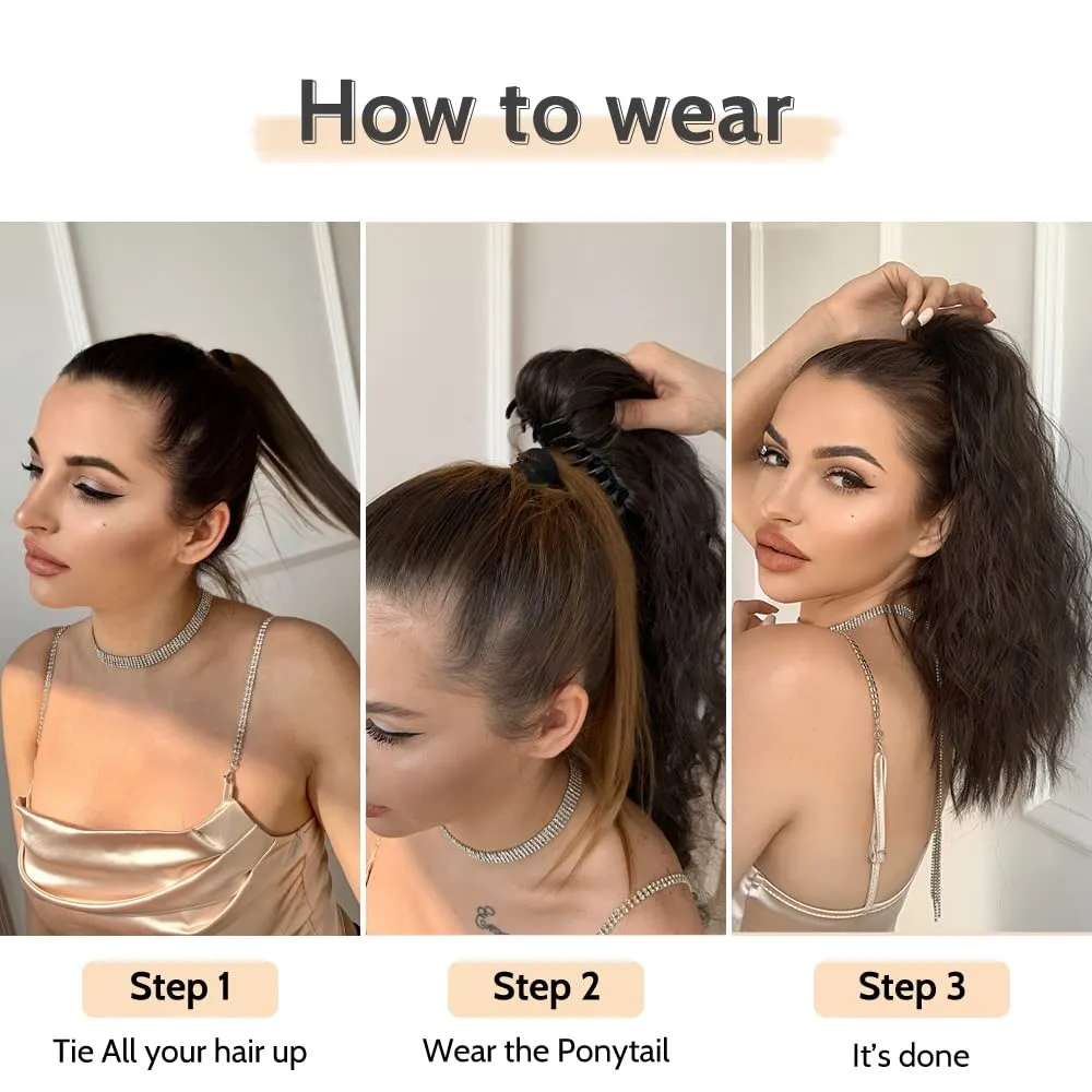 Pony Tail Extensions Wavy Claw Clip Ponytail Extension 18" Long Natural Fake Ponytails Synthetic Fluffy Natural Clips in Hair Pieces for Black Women Party Daily Use 6 Oz Darkest Brown