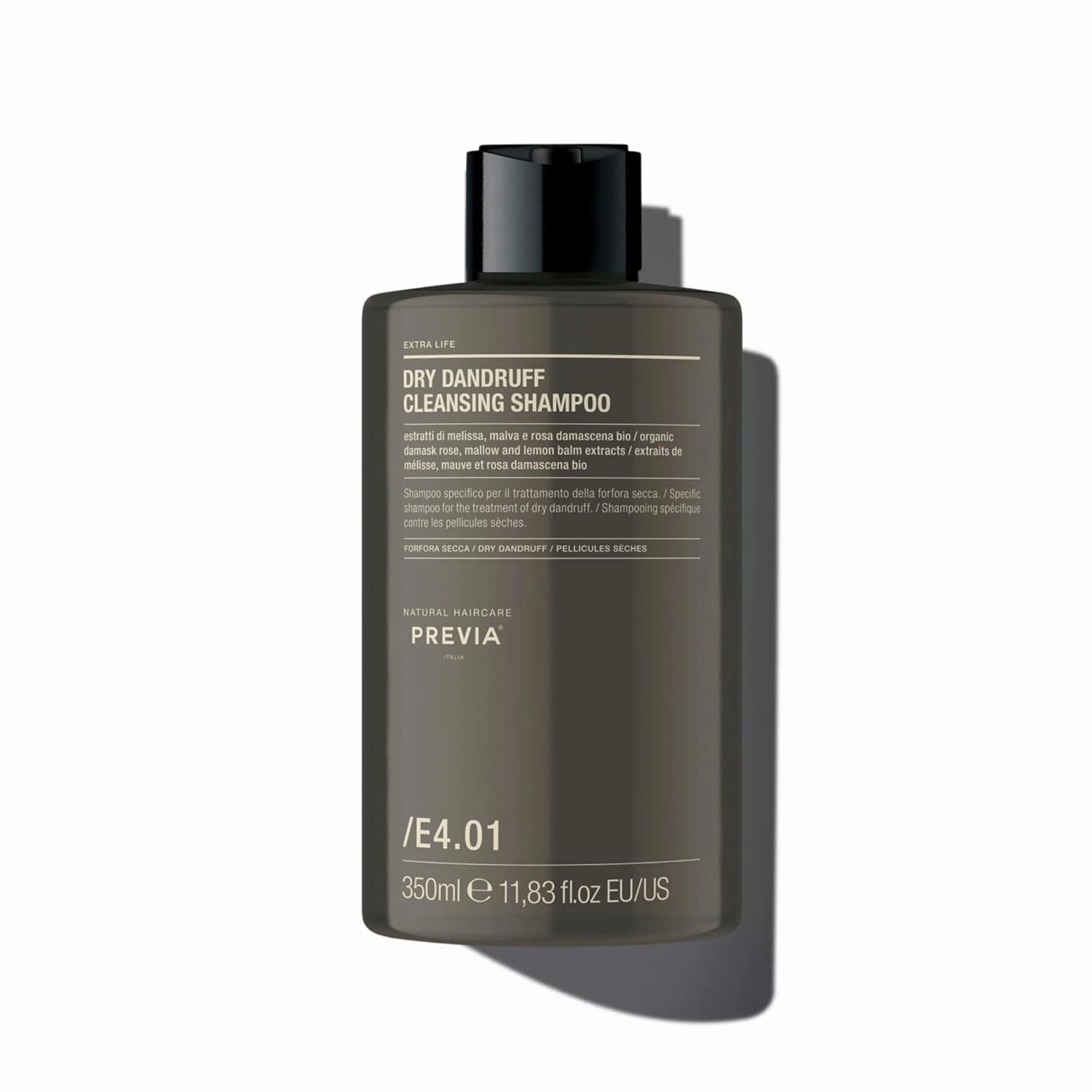 PREVIA Extra Life Dry Dandruff Cleansing Shampoo | Organic Rose, Lemon & Melissa Extracts | Reduces Dandruff, Soothes & Hydrates Scalp | Vegan, Cruelty-Free, Dermatologically Tested | 11.83 oz