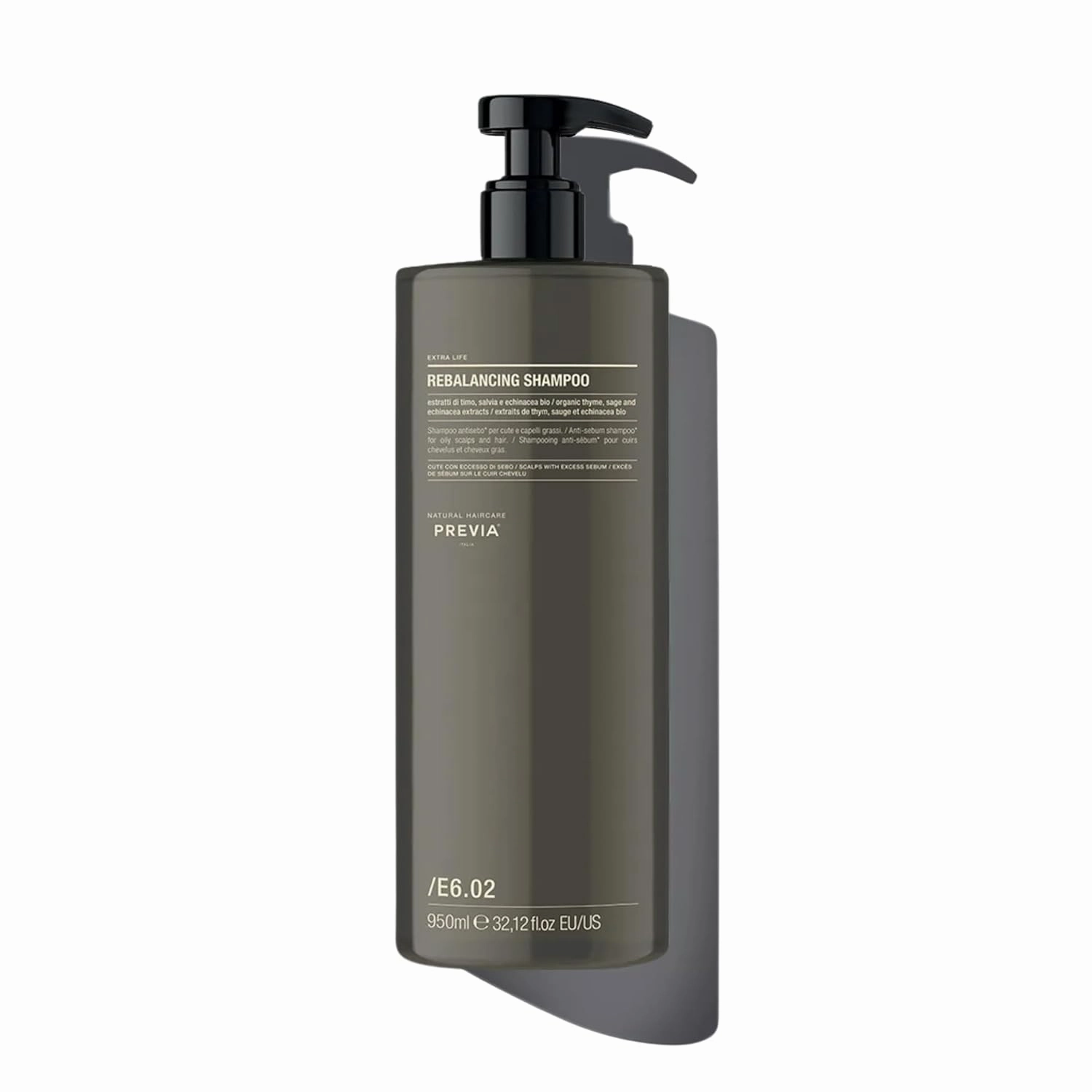 PREVIA Extralife Rebalancing Shampoo | Anti-Sebum Treatment for Oily Hair and Scalp | Purifies and Regulates Sebum Production | Natural Ingredients | Vegan and Cruelty-Free | 32.12 oz