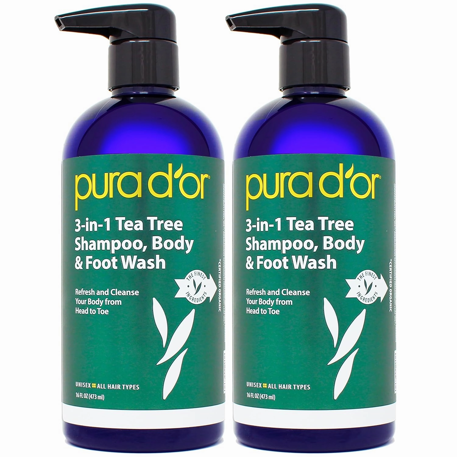 PURA D'OR 3-in-1 Tea Tree Shampoo, Body & Foot Wash, Shampoo (16oz x2 = 32oz) Total Body Care - Foot Odor & Daily Hygiene, Cleansing Routine, Post-Workout Refreshment - Soothes, Invigorates, Nourishes