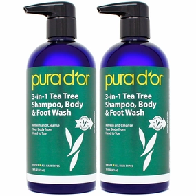 PURA D'OR 3-in-1 Tea Tree Shampoo, Body & Foot Wash, Shampoo (16oz x2 = 32oz) Total Body Care - Foot Odor & Daily Hygiene, Cleansing Routine, Post-Workout Refreshment - Soothes, Invigorates, Nourishes