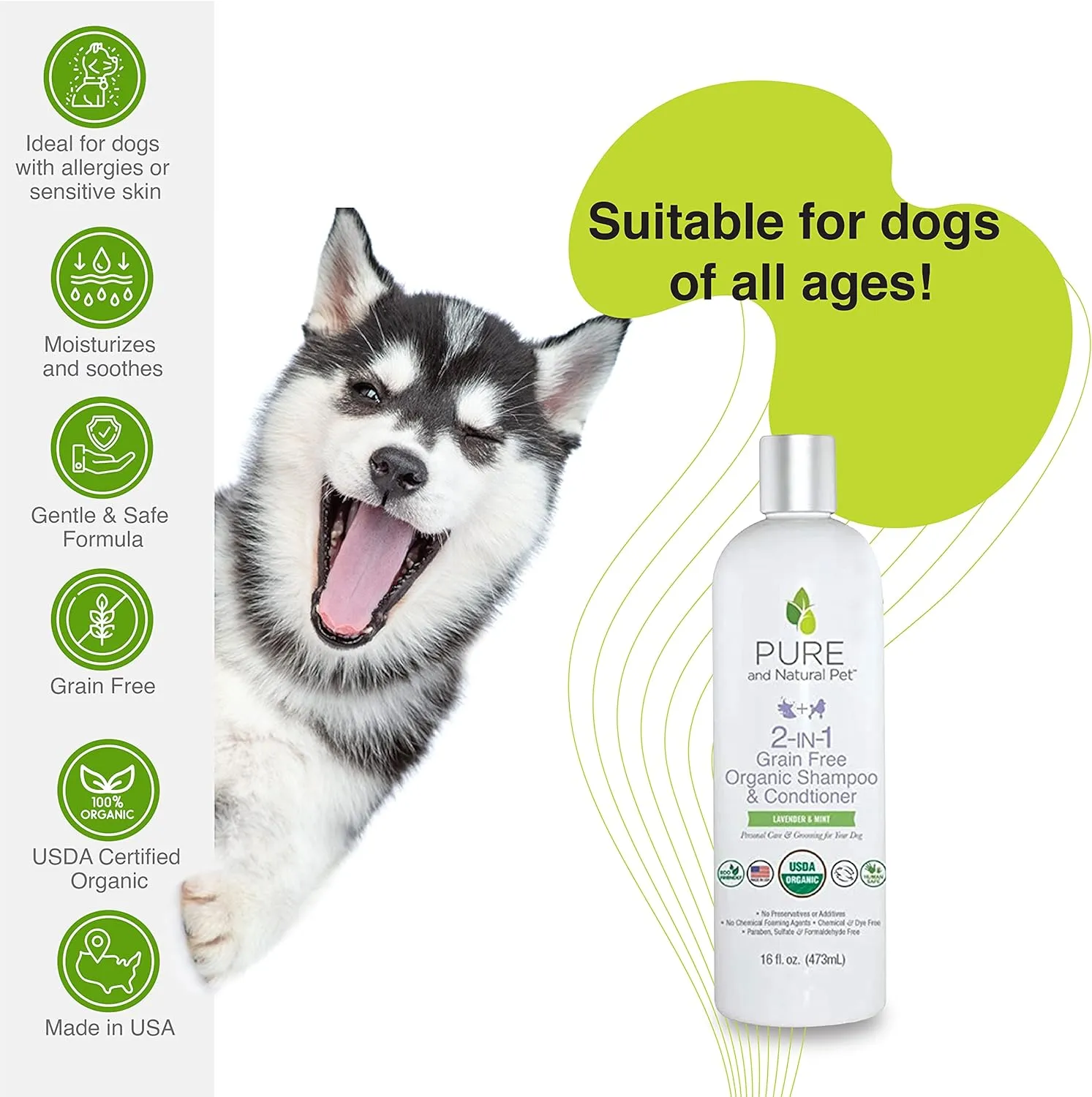 Pure and Natural Pet USDA Certified Organic 2-in-1 Grain Free Shampoo & Conditioner (Lavender & Mint) 16 oz.