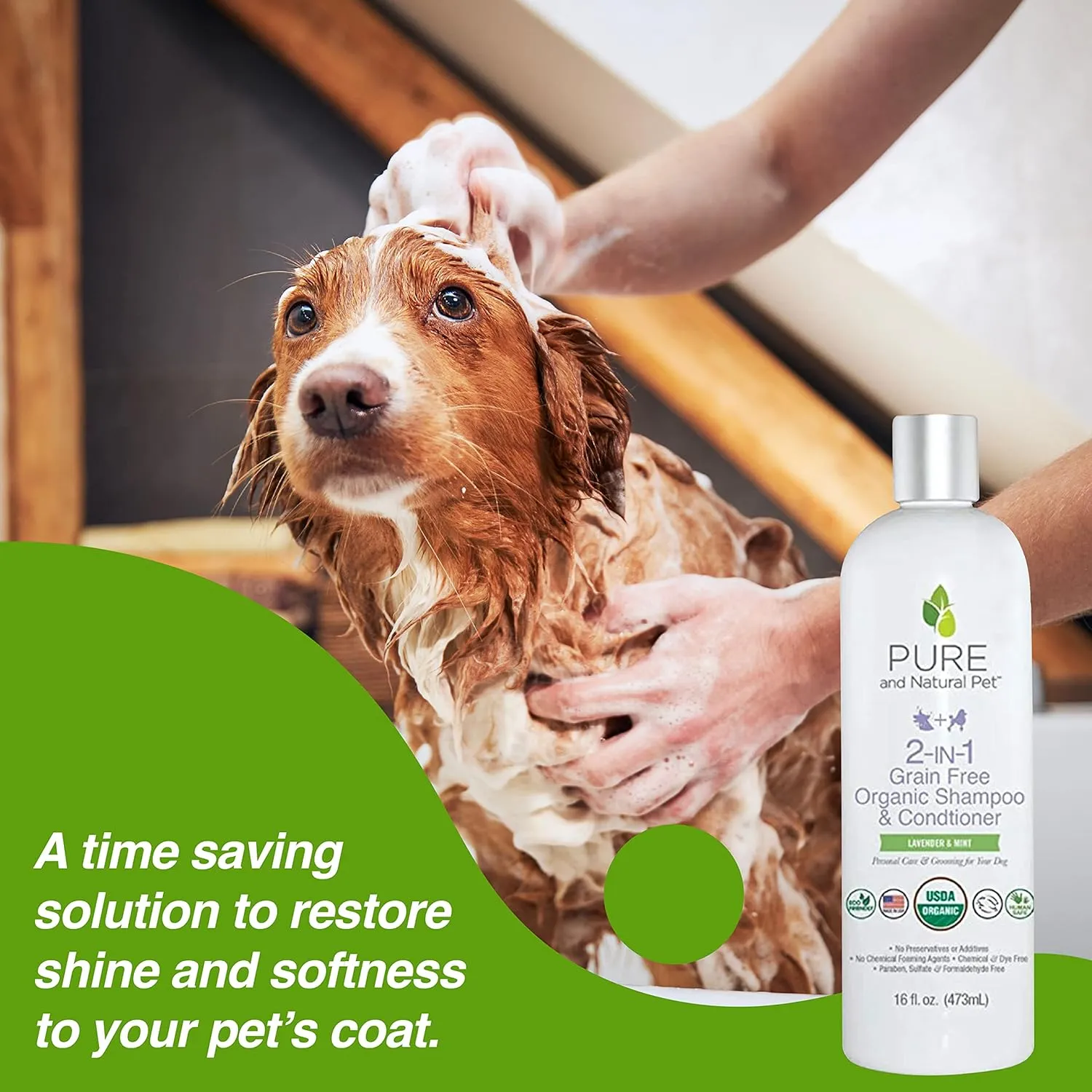 Pure and Natural Pet USDA Certified Organic 2-in-1 Grain Free Shampoo & Conditioner (Lavender & Mint) 16 oz.