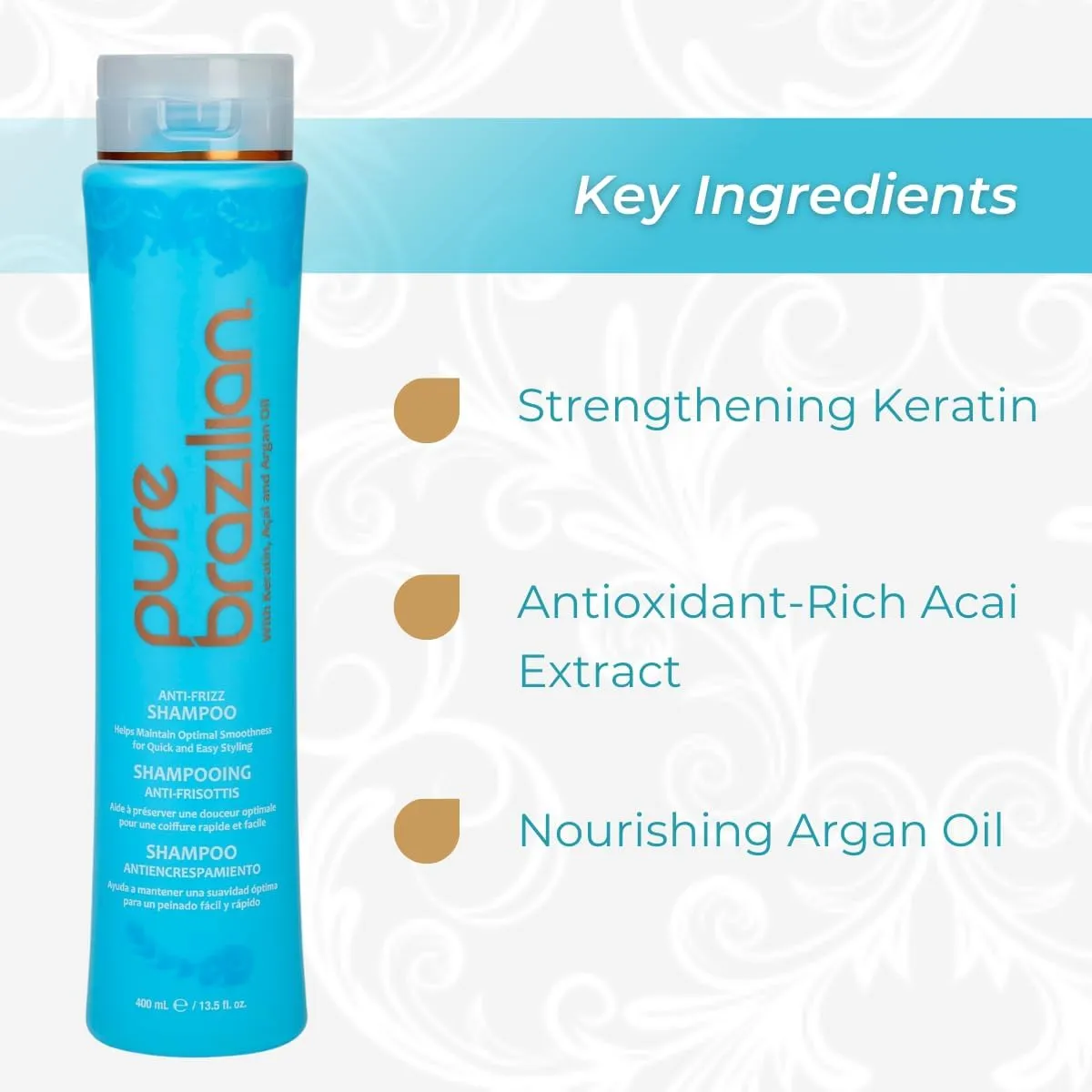 Pure Brazilian Anti-Frizz Daily Shampoo, Salt-Free, Color Safe, with Keratin, Argan Oil & Acai for Prolonged Treatment & Smooth Hair, 13.5 Oz (Pack of 2)