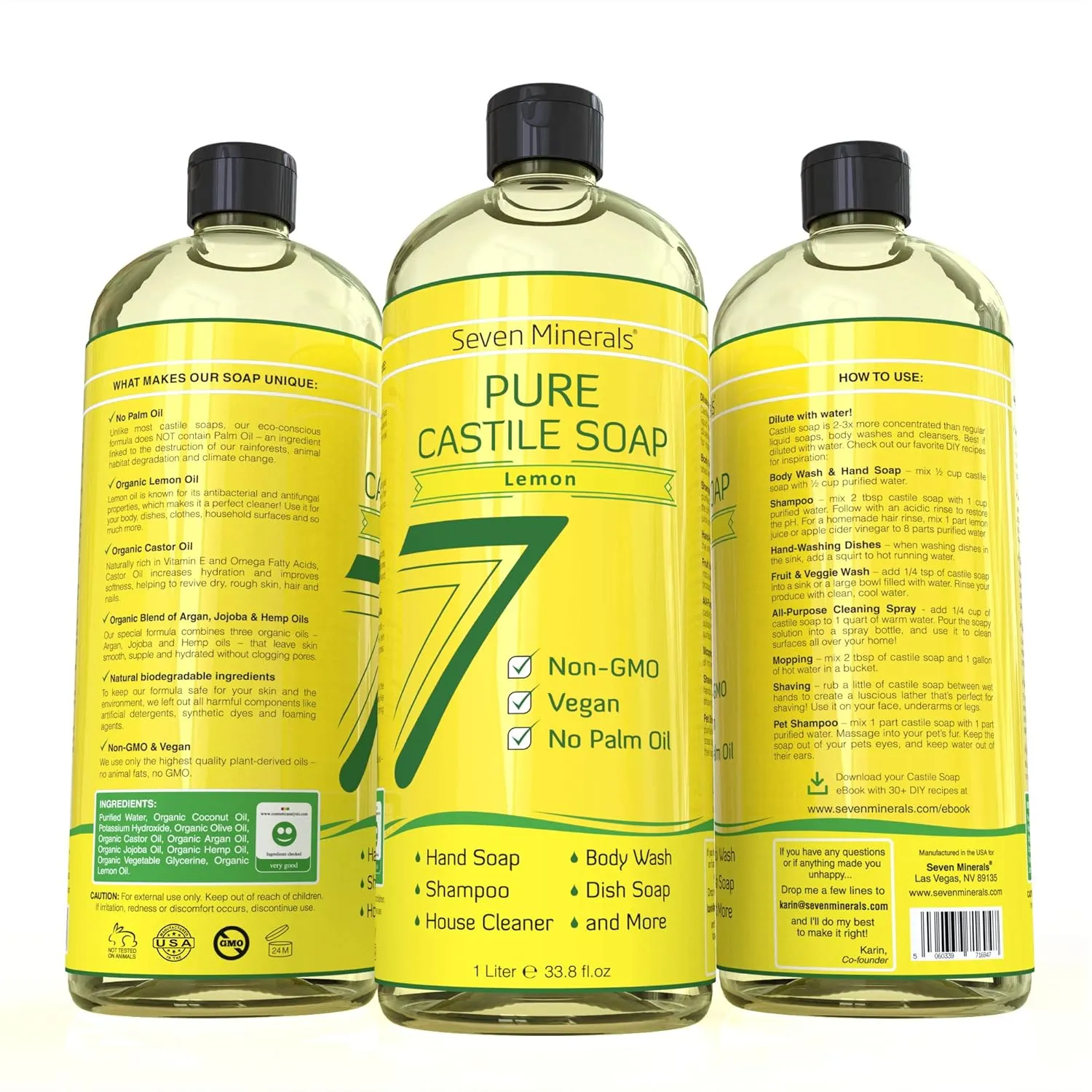 Pure Castile Soap, Lemon - No Palm Oil, GMO-Free - Gentle Liquid Soap For Sensitive Skin & Baby Wash - All Natural Vegan Formula with Organic Carrier Oils (33.8 fl oz)