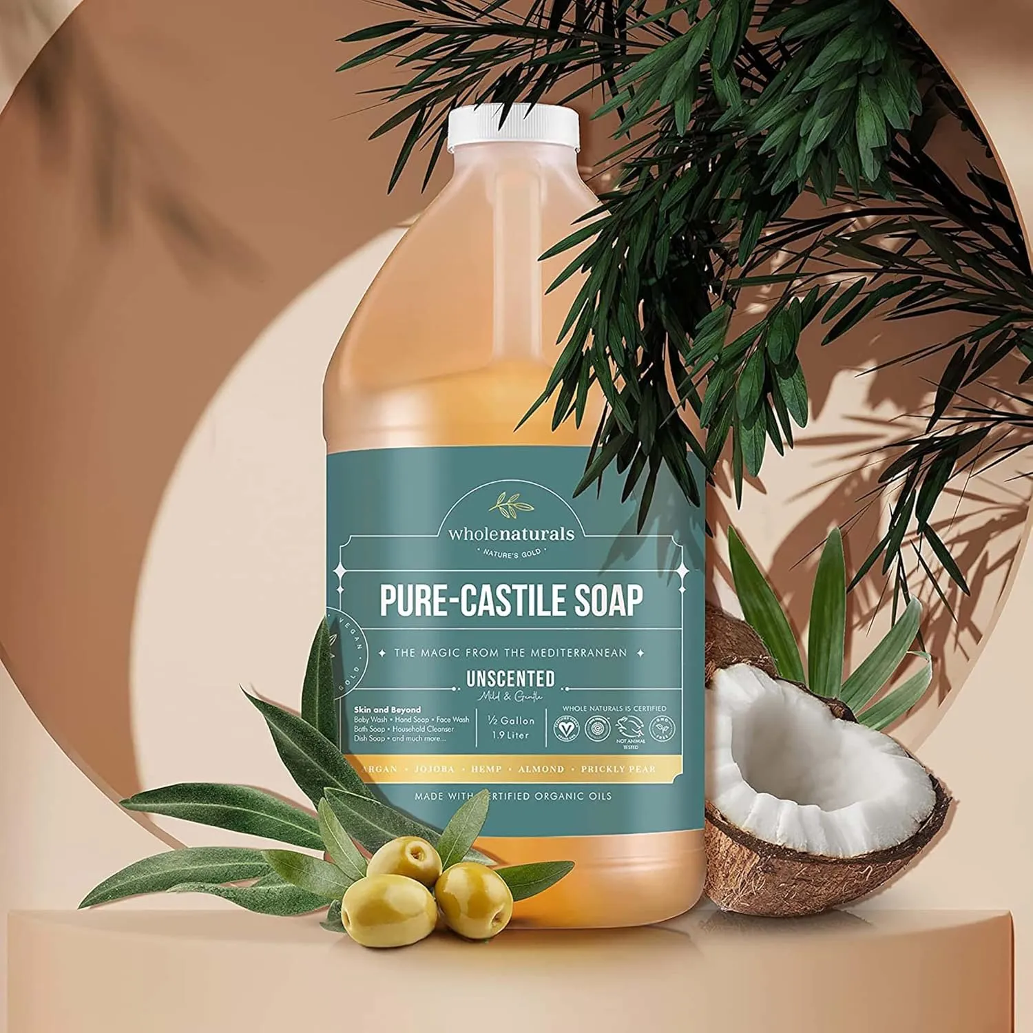 Pure Castile Soap Liquid, EWG Verified & Certified Palm Oil Free Unscented, Natural, Mild & Gentle Non-gmo & Vegan - Organic Body Wash, Laundry, Pet/Dog and Baby Soap - 64 Fl Oz