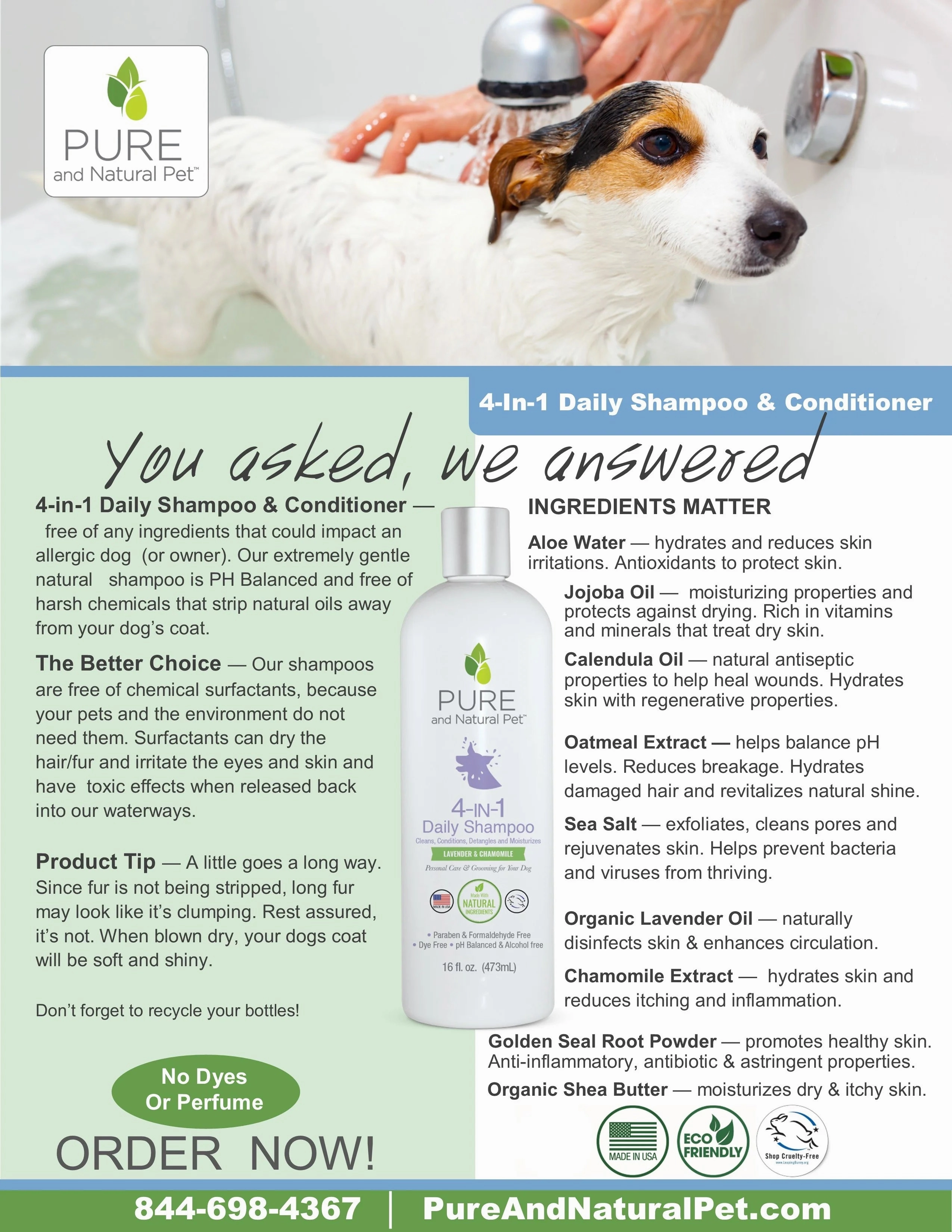 Pure and Natural Dog Shampoo   Conditioner: Daily 4-in-1