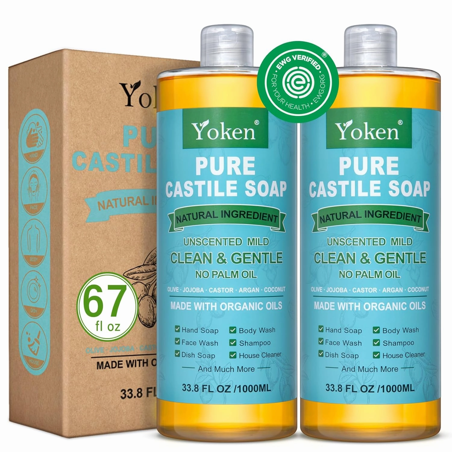 Pure Castile Soap Liquid Unscented 67 fl oz Castile Liquid Soap Made With Organic Oil, Clean & Gentle, No Palm Oil,Vegan, Natural Castile Soap for Face Body Wash, Hand Soap, Dishes Multi-purpose