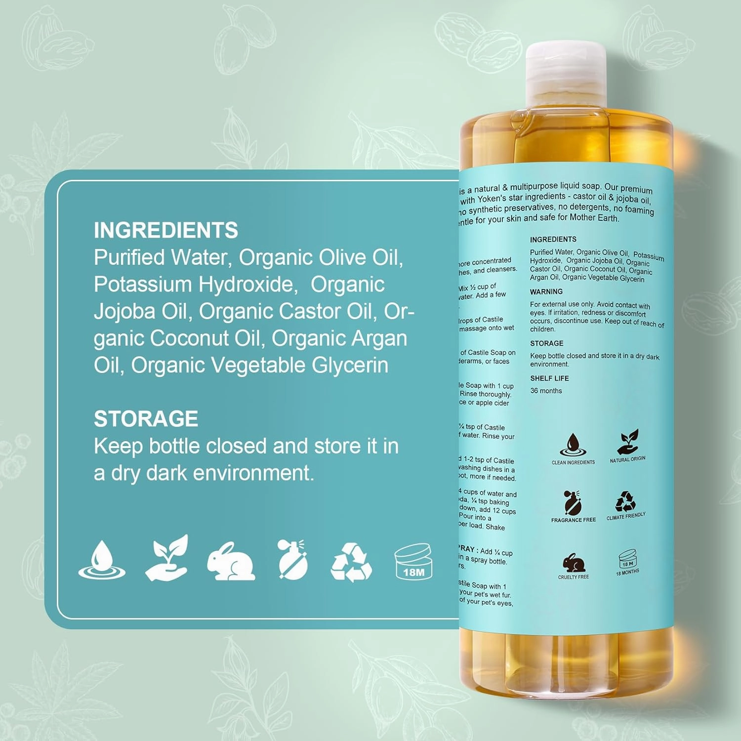 Pure Castile Soap Liquid Unscented 67 fl oz Castile Liquid Soap Made With Organic Oil, Clean & Gentle, No Palm Oil,Vegan, Natural Castile Soap for Face Body Wash, Hand Soap, Dishes Multi-purpose