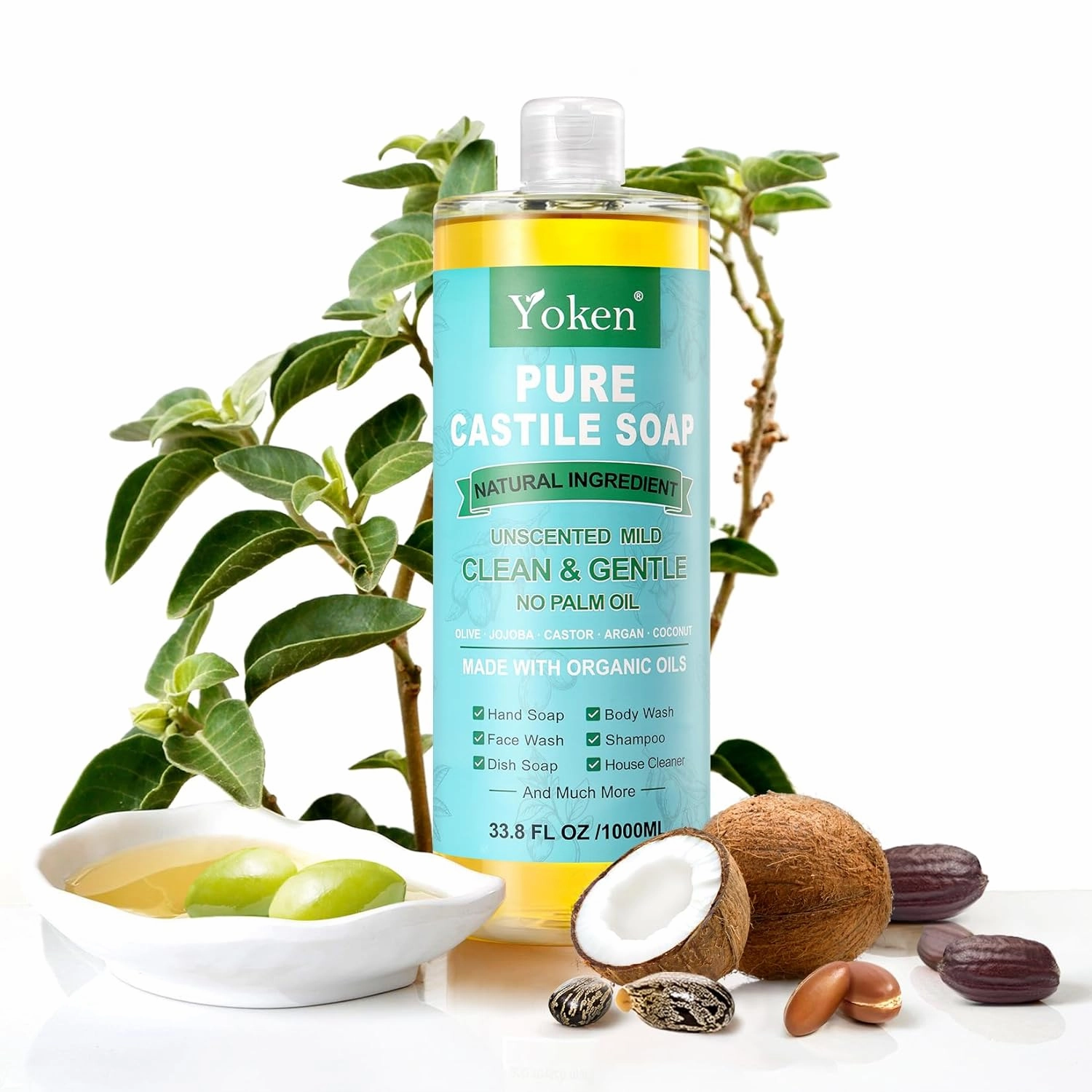 Pure Castile Soap Liquid Unscented 67 fl oz Castile Liquid Soap Made With Organic Oil, Clean & Gentle, No Palm Oil,Vegan, Natural Castile Soap for Face Body Wash, Hand Soap, Dishes Multi-purpose