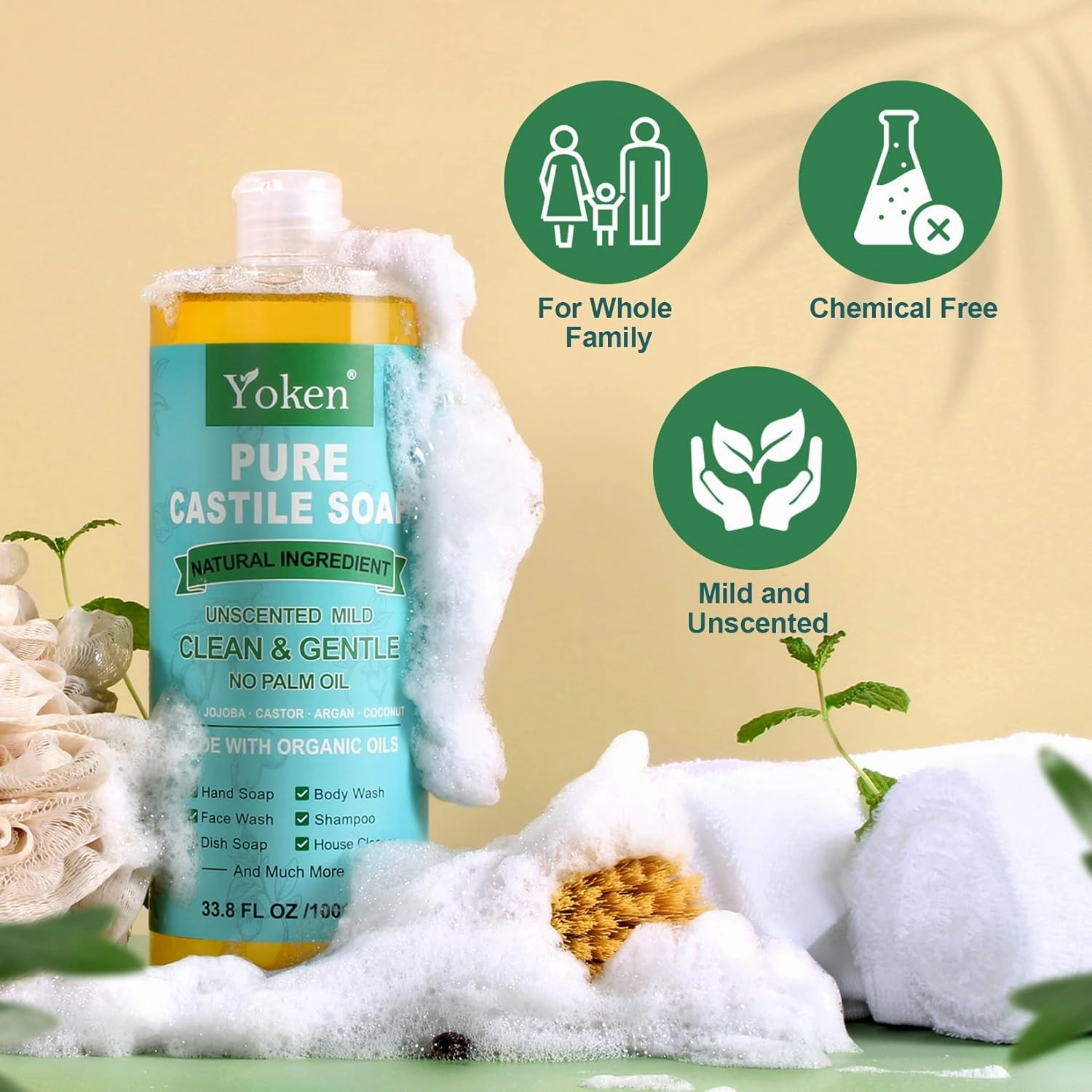 Pure Castile Soap Liquid Unscented 67 fl oz Castile Liquid Soap Made With Organic Oil, Clean & Gentle, No Palm Oil,Vegan, Natural Castile Soap for Face Body Wash, Hand Soap, Dishes Multi-purpose