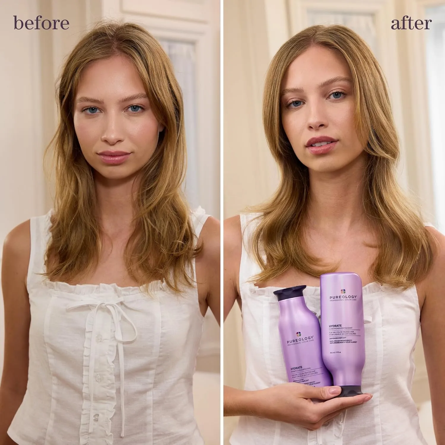Pureology Hydrate Shampoo - For Dry or Color-Treated Hair, Intense Hydration & Softness, With Rose Extract & Green Tea, Vegan & Sulfate-Free