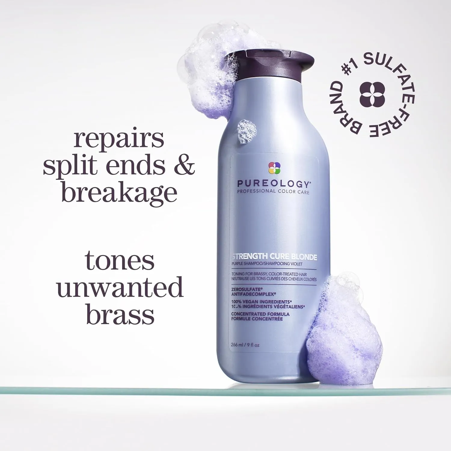 Pureology Strength Cure Blonde Purple Shampoo - For Blonde & Lightened Color-Treated Hair, Tones & Fortifies Brassy Hair, Sulfate-Free & Vegan