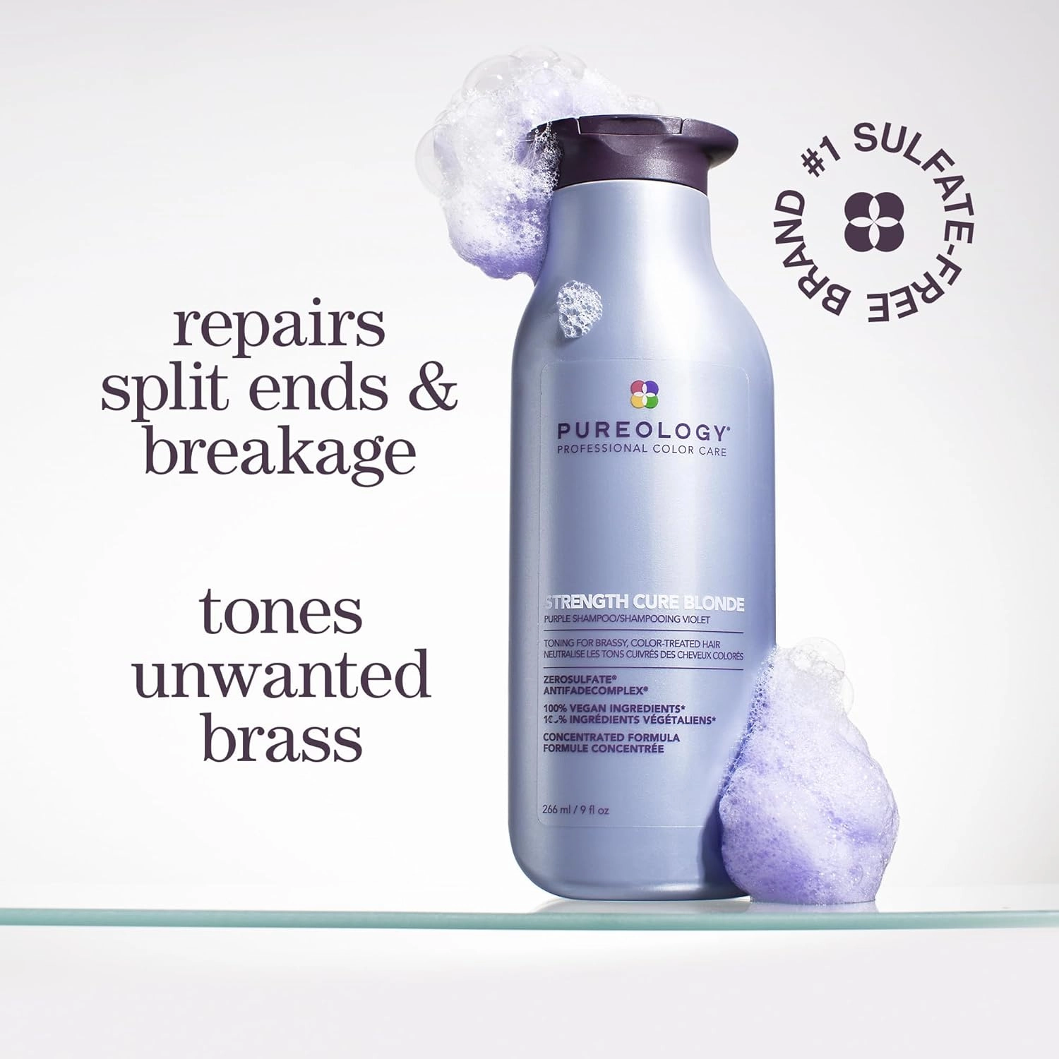 Pureology Strength Cure Blonde Purple Shampoo - For Blonde & Lightened Color-Treated Hair, Tones & Fortifies Brassy Hair, Sulfate-Free & Vegan