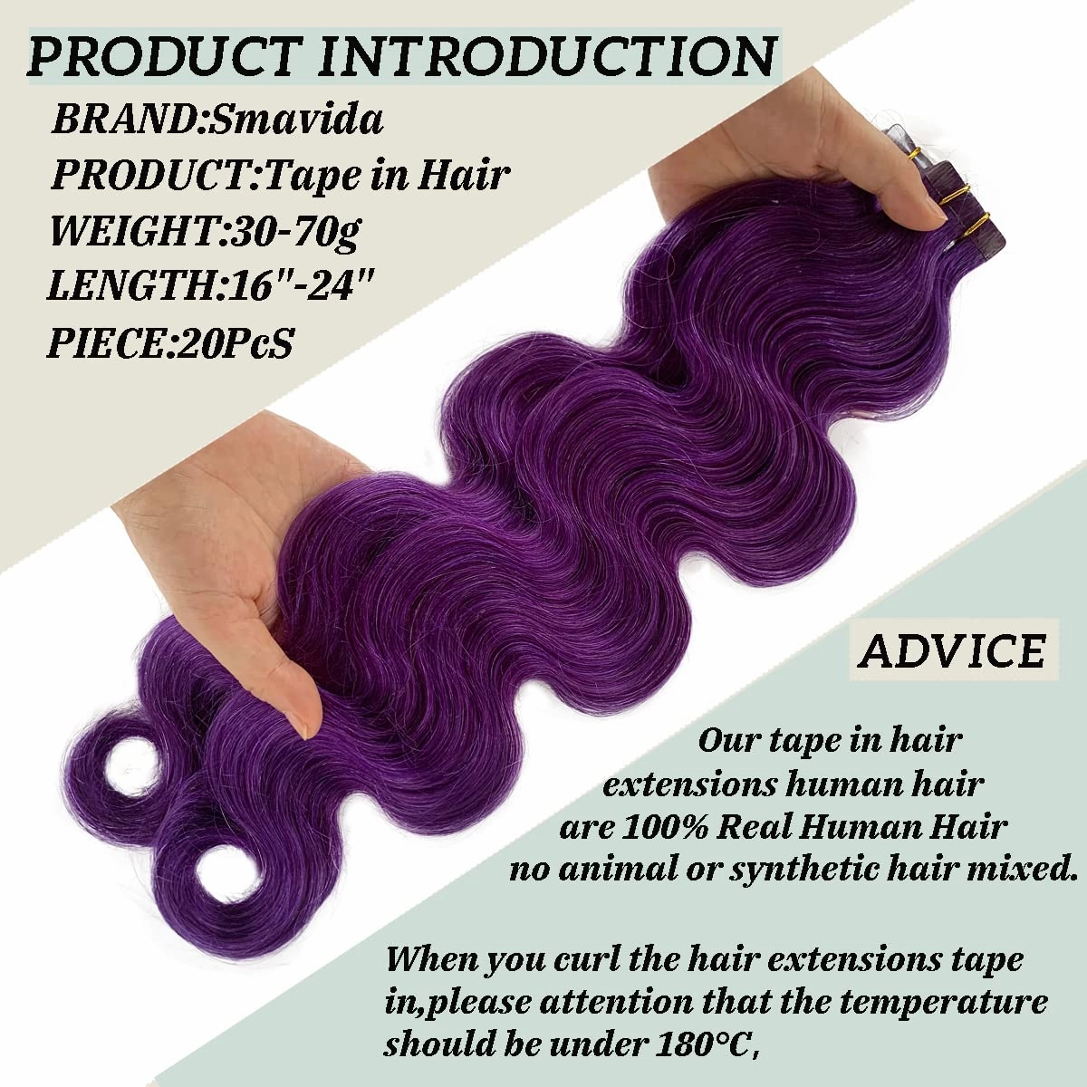 Purple Body Wave Tape in Human Hair Extensions for Fashion Women, 100% Remy Human Lilac Hair Extensions 60grams Tape in Extensions Glue in Real Human Extensions