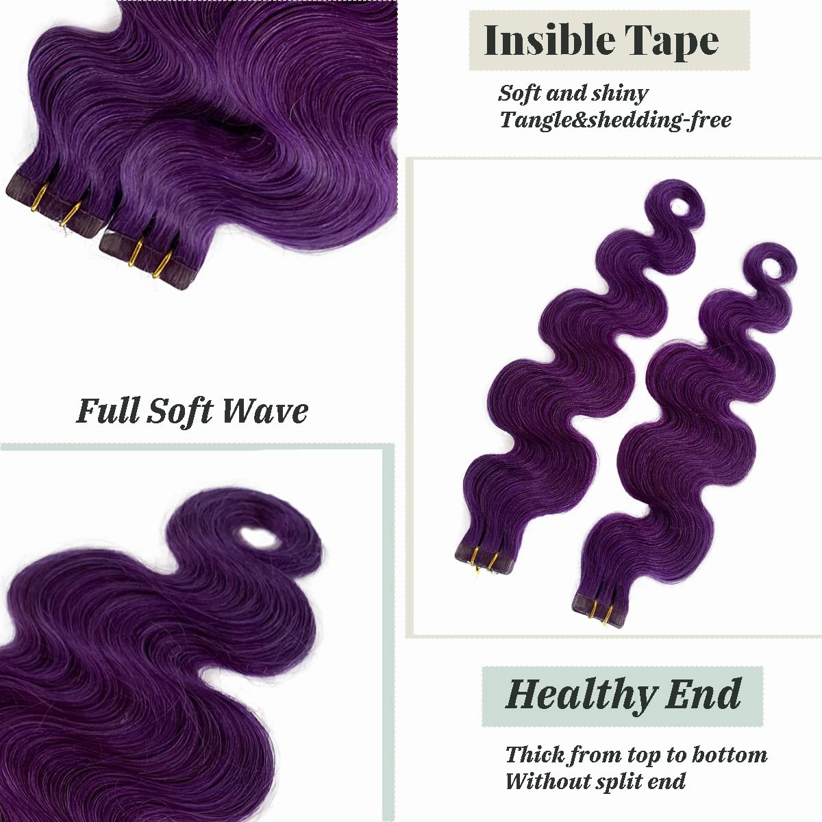 Purple Body Wave Tape in Human Hair Extensions for Fashion Women, 100% Remy Human Lilac Hair Extensions 60grams Tape in Extensions Glue in Real Human Extensions