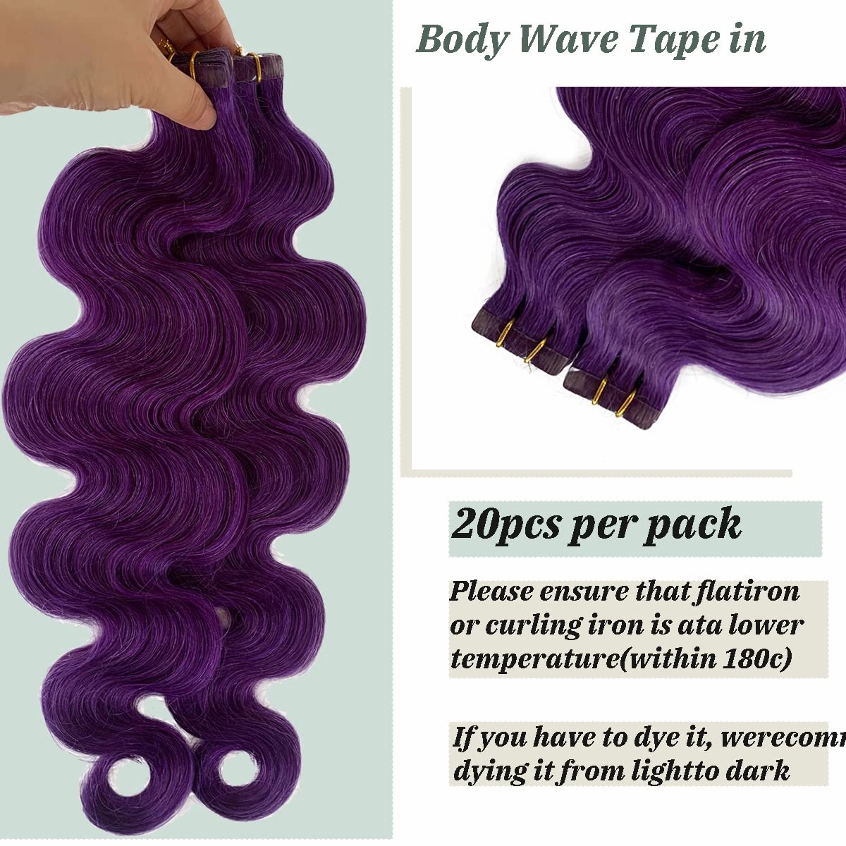 Purple Body Wave Tape in Human Hair Extensions for Fashion Women, 100% Remy Human Lilac Hair Extensions 60grams Tape in Extensions Glue in Real Human Extensions