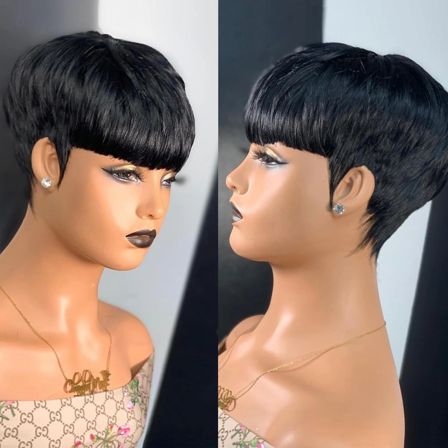 QiaQiaRing Pixie Cut Wig Human Hair For Black Women Chic Elegent Short Layered Pixie Cut Human Hair Wigs With Bangs Full Machine Made Brazilian Virgin Human Hair Nature Black Color