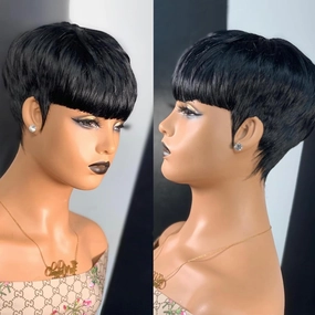 QiaQiaRing Pixie Cut Wig Human Hair For Black Women Chic Elegent Short Layered Pixie Cut Human Hair Wigs With Bangs Full Machine Made Brazilian Virgin Human Hair Nature Black Color