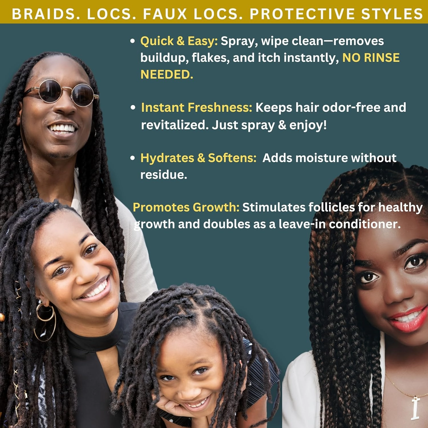 Quick Clean Hair Mist, All Natural Formula, No Rinse Shampoo, Eliminates BuildUp, Odor, Itch & Flakes, Braids, Twists, Locs, Weaves & All Hair Types Stimulates Follicles 8oz