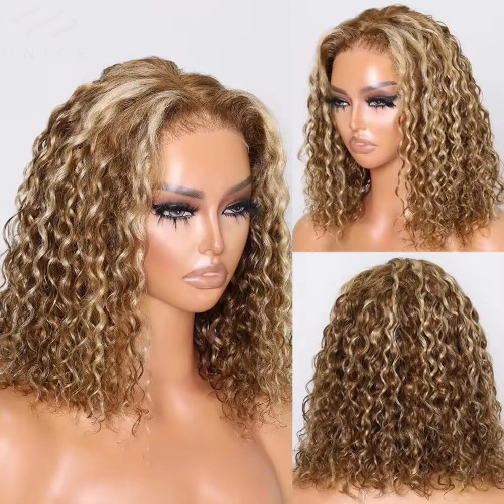 QUINLUX Hair Honey Blonde Highlight Water Wave Bob 13X4 Invisible Transparent HD Lace Front Brazilian Human Hair Glueless Wig Pre Plucked Bleached Knots #4/613 Color Short Curly Bob Wig 150 Density