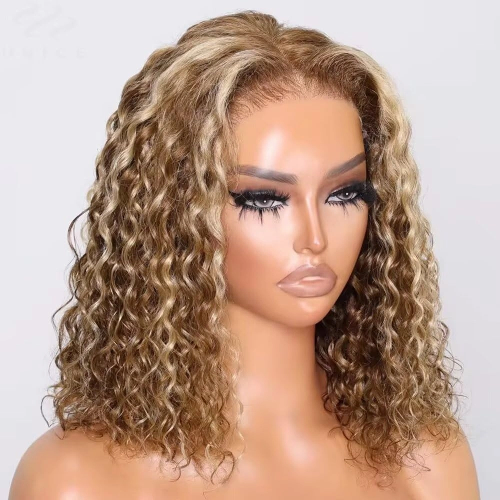 QUINLUX Hair Honey Blonde Highlight Water Wave Bob 13X4 Invisible Transparent HD Lace Front Brazilian Human Hair Glueless Wig Pre Plucked Bleached Knots #4/613 Color Short Curly Bob Wig 150 Density