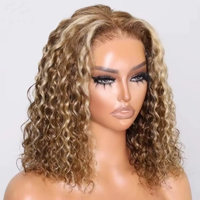 QUINLUX Hair Honey Blonde Highlight Water Wave Bob 13X4 Invisible Transparent HD Lace Front Brazilian Human Hair Glueless Wig Pre Plucked Bleached Knots #4/613 Color Short Curly Bob Wig 150 Density