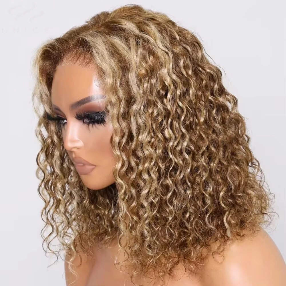 QUINLUX Hair Honey Blonde Highlight Water Wave Bob 13X4 Invisible Transparent HD Lace Front Brazilian Human Hair Glueless Wig Pre Plucked Bleached Knots #4/613 Color Short Curly Bob Wig 150 Density