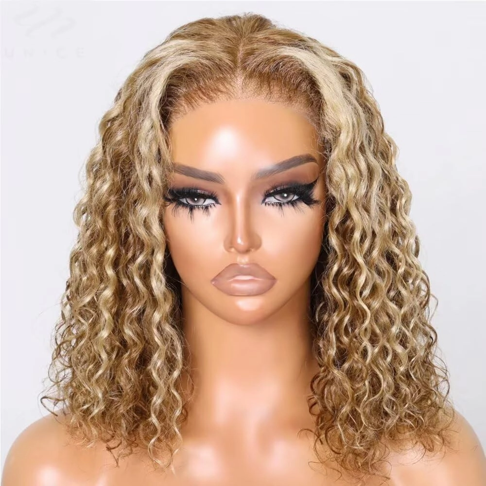 QUINLUX Hair Honey Blonde Highlight Water Wave Bob 13X4 Invisible Transparent HD Lace Front Brazilian Human Hair Glueless Wig Pre Plucked Bleached Knots #4/613 Color Short Curly Bob Wig 150 Density