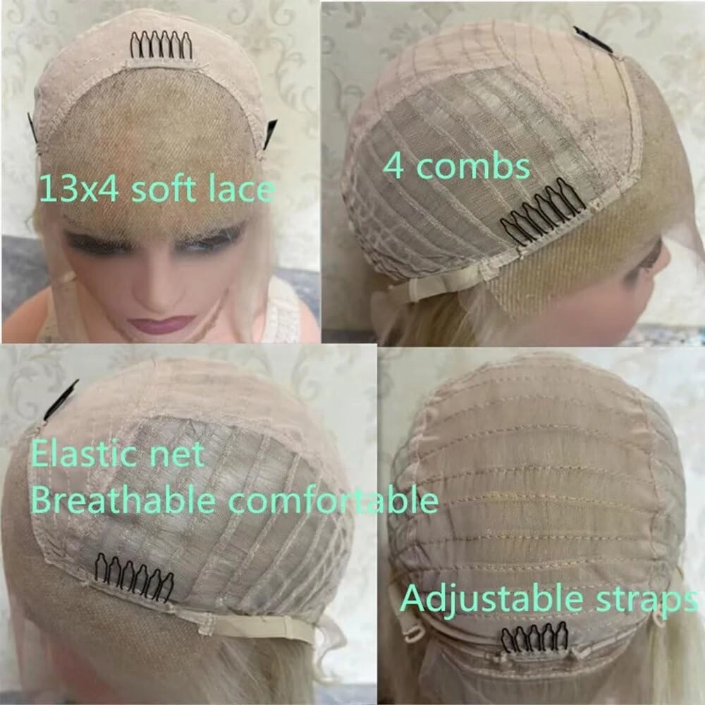 QUINLUX Hair Honey Blonde Highlight Water Wave Bob 13X4 Invisible Transparent HD Lace Front Brazilian Human Hair Glueless Wig Pre Plucked Bleached Knots #4/613 Color Short Curly Bob Wig 150 Density