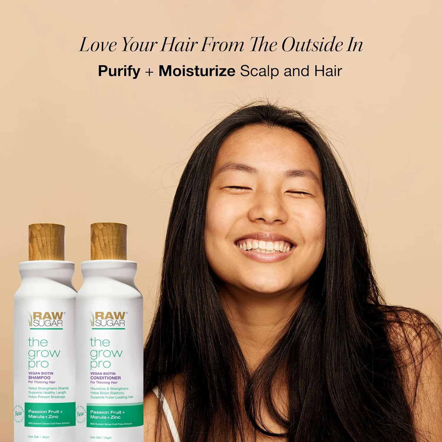 Raw Sugar Grow Pro Hair Care Bundle- Shampoo & Conditioner with Vegan Biotin for Anti-Thinning & Pro-Lengthening, Passion Fruit & Marula for Fuller Hair, Formulated without Sulfates   Parabens