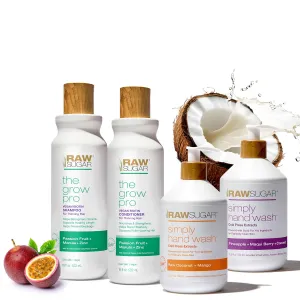 Raw Sugar The Grow Pro Shampoo and Conditioner Set and Simply Hand Wash Duo (4 Products) Anti-Thinning, Pro-Lengthening, Hydrating Hair Care and Moisturizing Hand Soaps, Nourishing Hair & Skin Bundle