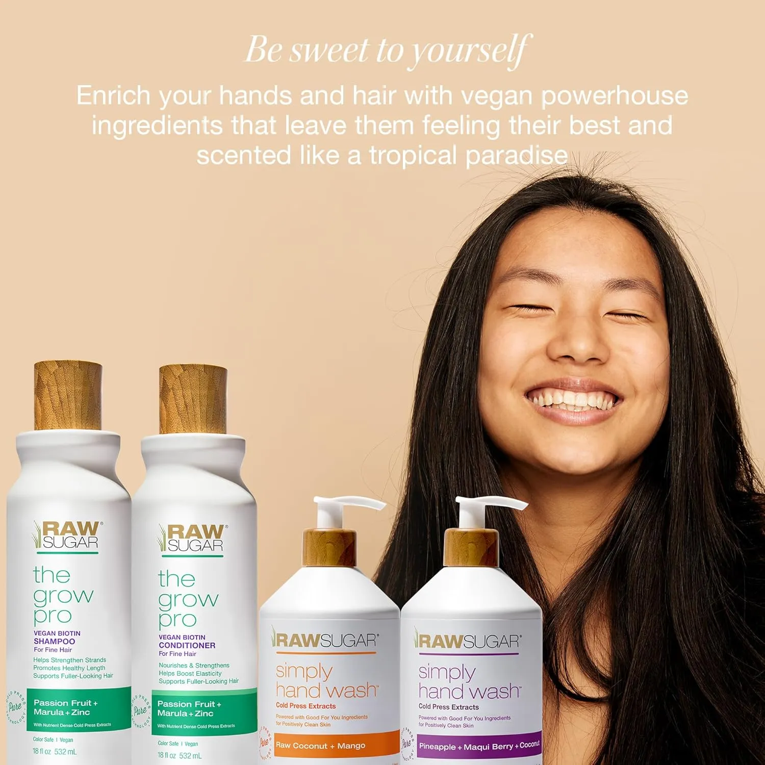 Raw Sugar The Grow Pro Shampoo and Conditioner Set and Simply Hand Wash Duo (4 Products) Anti-Thinning, Pro-Lengthening, Hydrating Hair Care and Moisturizing Hand Soaps, Nourishing Hair & Skin Bundle