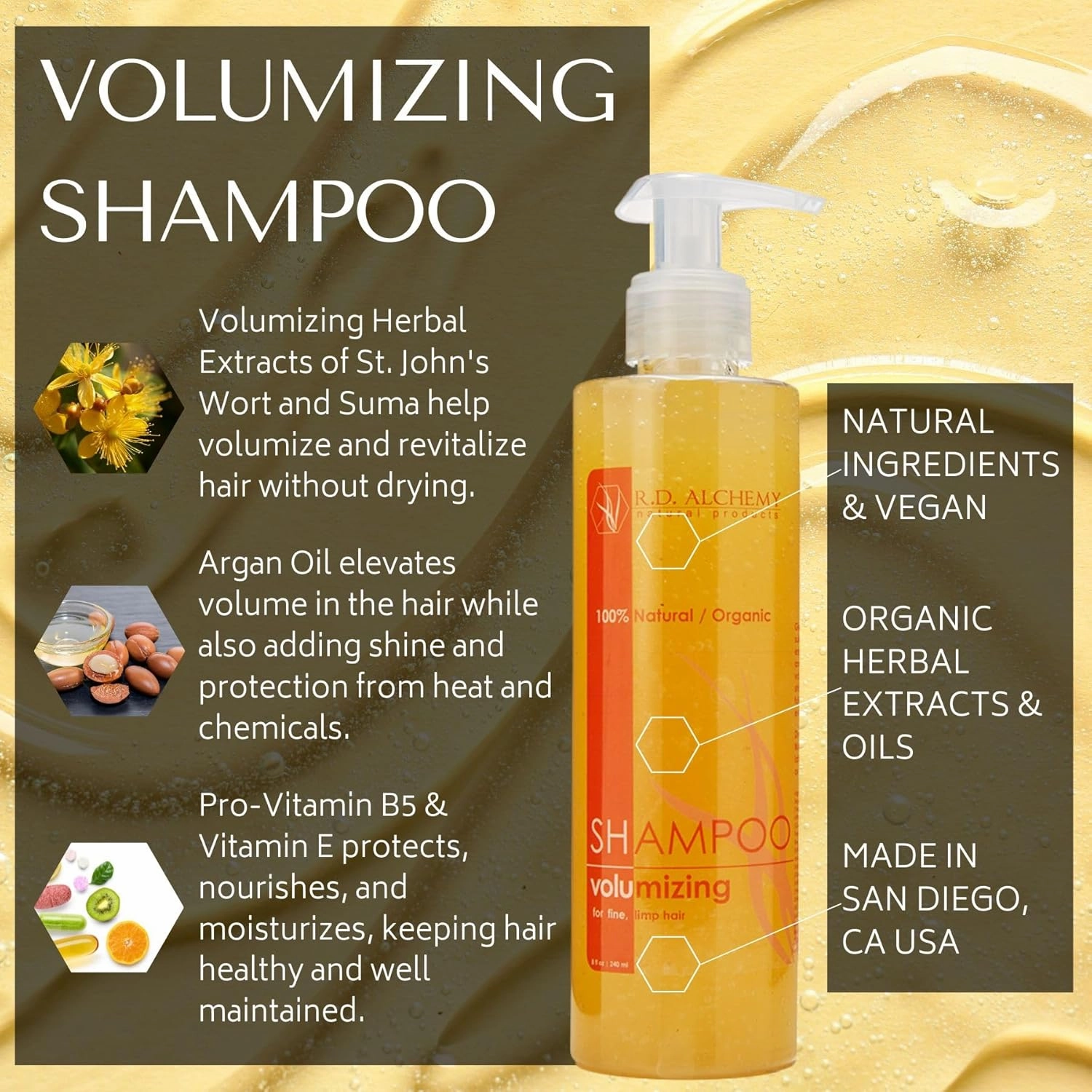 RD Alchemy - 100% Natural & Organic Volumizing Shampoo - Thickens, Plumps, and Volumizes Flat Hair while Cleansing Naturally