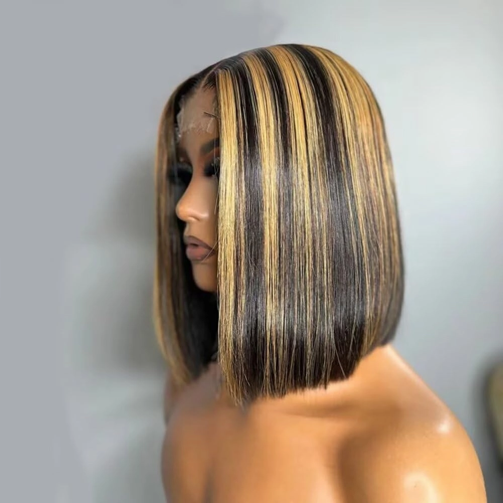 Real HD 2X6 Lace Closure Human Hair Wigs P4/27 Ombre Highlight Short Bob Lace Closure Wig with Bleached Knots 0.10mm Ultra-thin Invisible Swiss HD Lace Closure Honey Blonde Wigs 150% Density