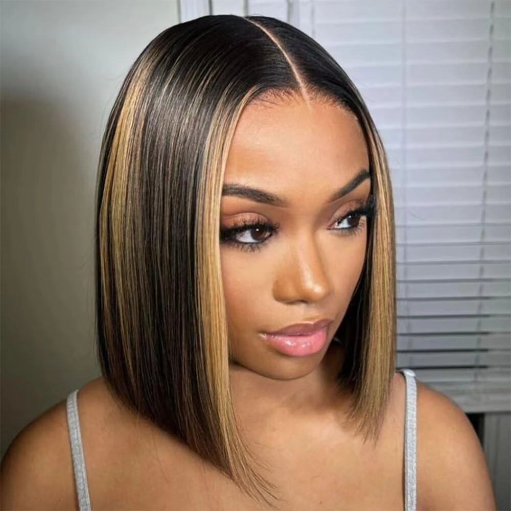 Real HD 2X6 Lace Closure Human Hair Wigs P4/27 Ombre Highlight Short Bob Lace Closure Wig with Bleached Knots 0.10mm Ultra-thin Invisible Swiss HD Lace Closure Honey Blonde Wigs 150% Density