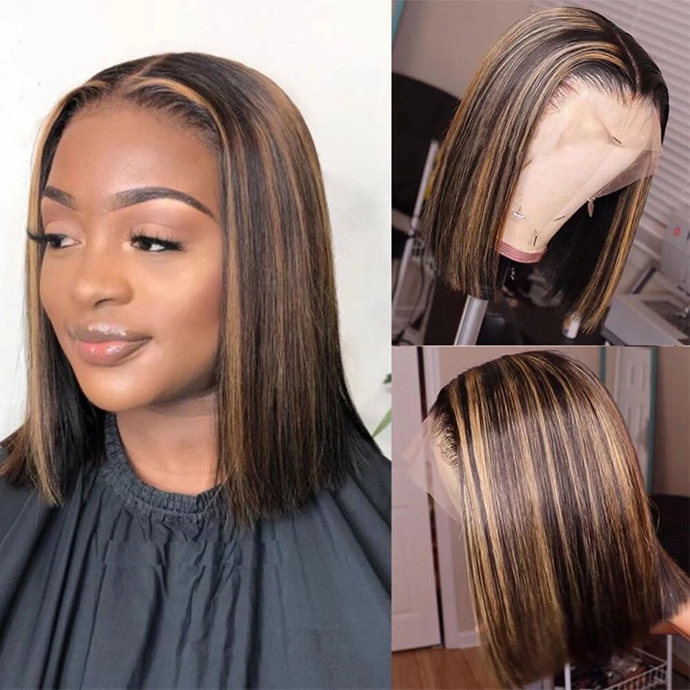 Real HD 2X6 Lace Closure Human Hair Wigs P4/27 Ombre Highlight Short Bob Lace Closure Wig with Bleached Knots 0.10mm Ultra-thin Invisible Swiss HD Lace Closure Honey Blonde Wigs 150% Density