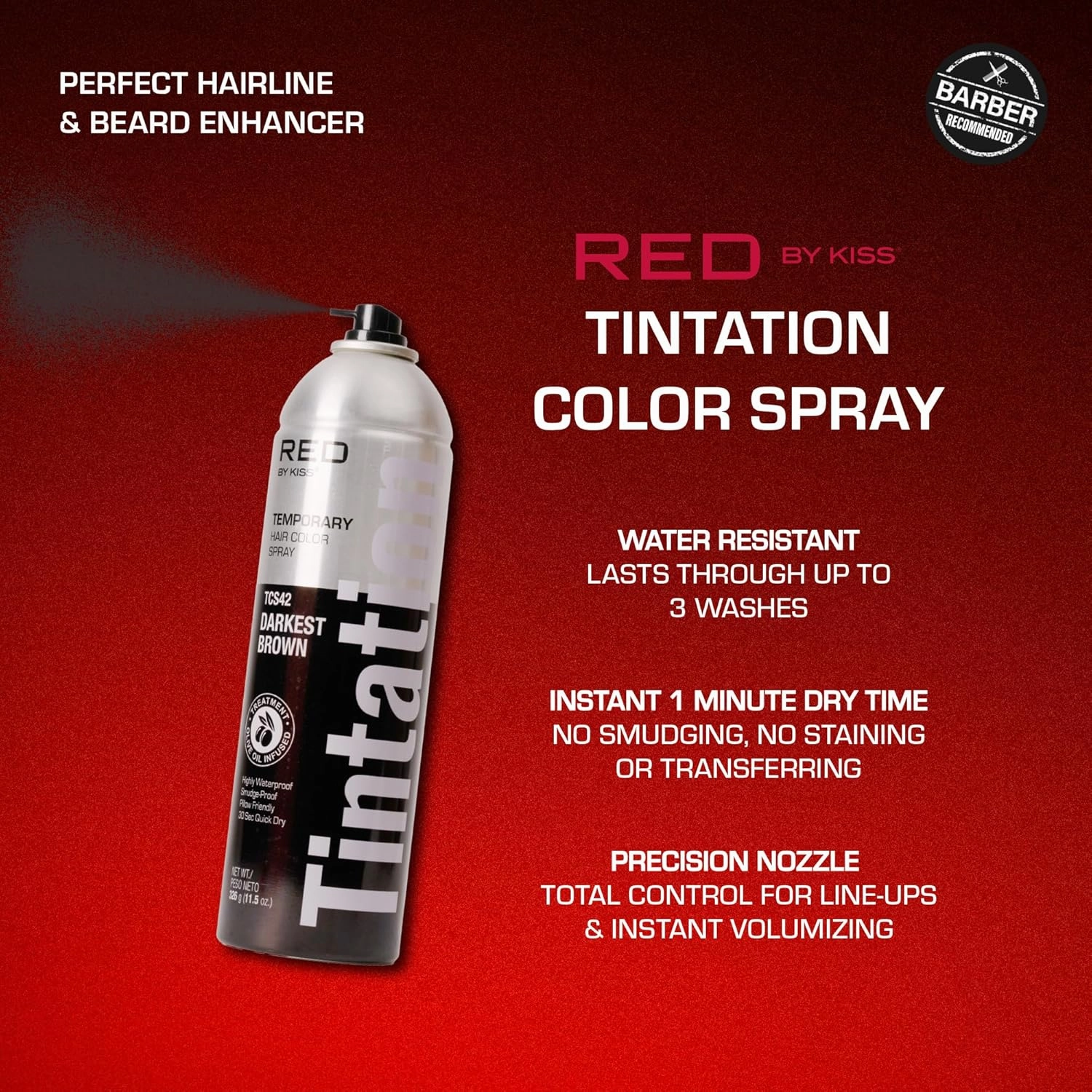 RED by Kiss Tintation Temporary Hair Color Spray, Extra Large Size, Instant Gray Root Cover Up, Water-Resistant, Smudge-Proof, Hairline & Barber Touch-Up, Quick Dry (Darkest Brown, 11.5 OZ)