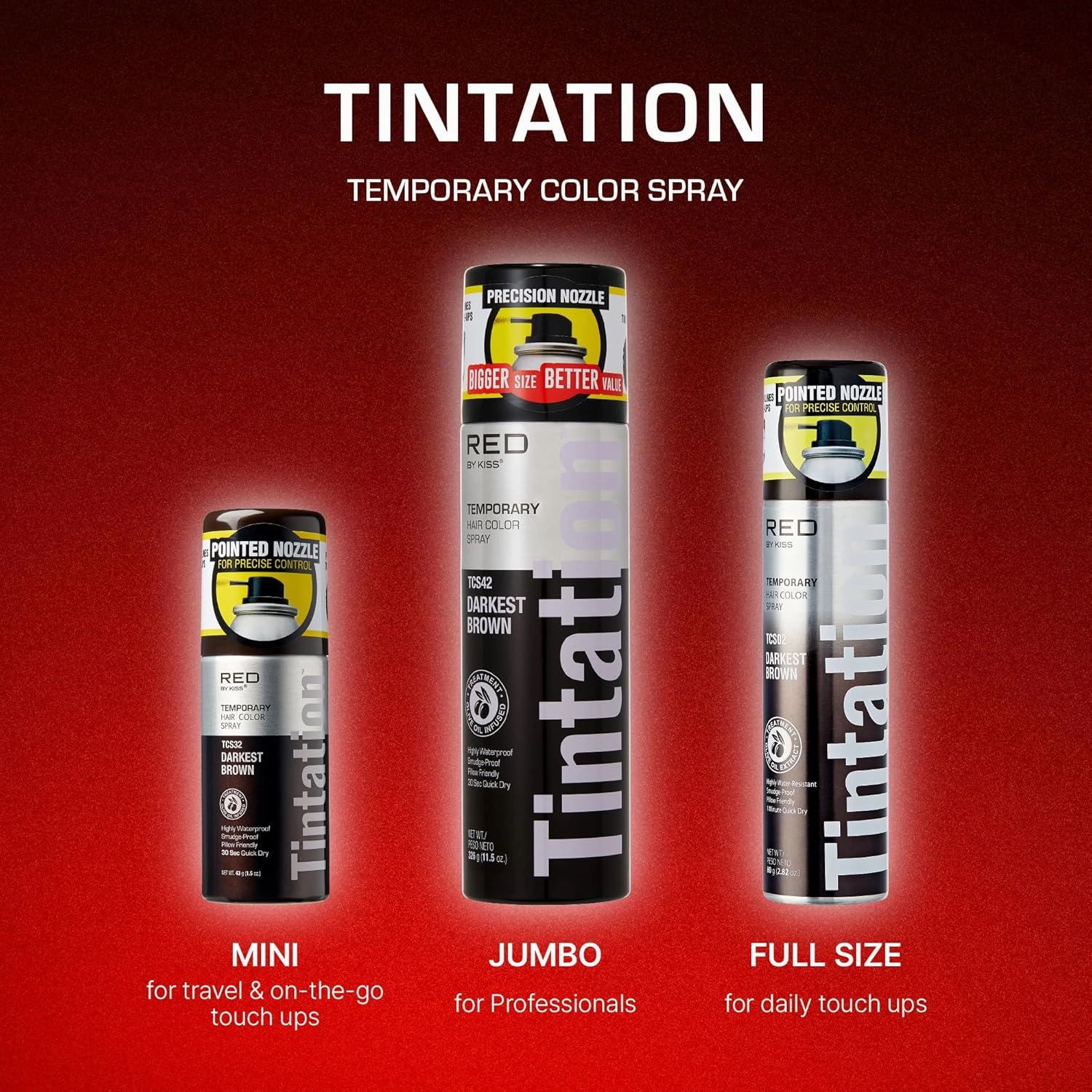RED by Kiss Tintation Temporary Hair Color Spray, Extra Large Size, Instant Gray Root Cover Up, Water-Resistant, Smudge-Proof, Hairline & Barber Touch-Up, Quick Dry (Darkest Brown, 11.5 OZ)