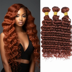 Reddish Brown Deep Wave Bundles Color 33 Human Hair Bundles Double Weft Copper Red Deep Curly Bundles Silky and Soft for Black Women (12 14 16 Inch 3 Bundles)