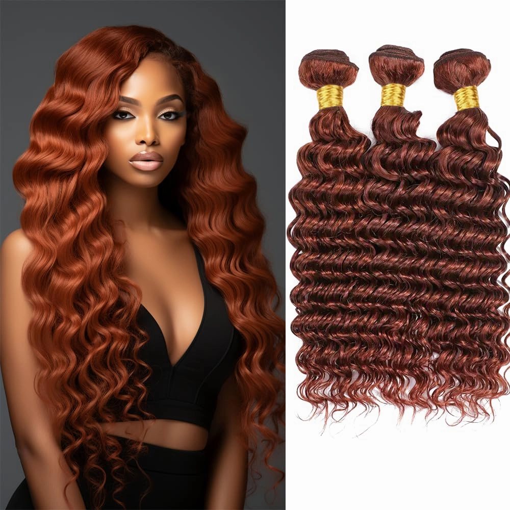 Reddish Brown Deep Wave Bundles Color 33 Human Hair Bundles Double Weft Copper Red Deep Curly Bundles Silky and Soft for Black Women (12 14 16 Inch 3 Bundles)