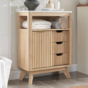 RedLemon Bathroom Floor Cabinet with Sliding Door, Modern Fluted 3 Drawers Storage Organizer w/Adjustable Shelf and Faux Marble Top, Curved Profile Design, Natural Oak Color