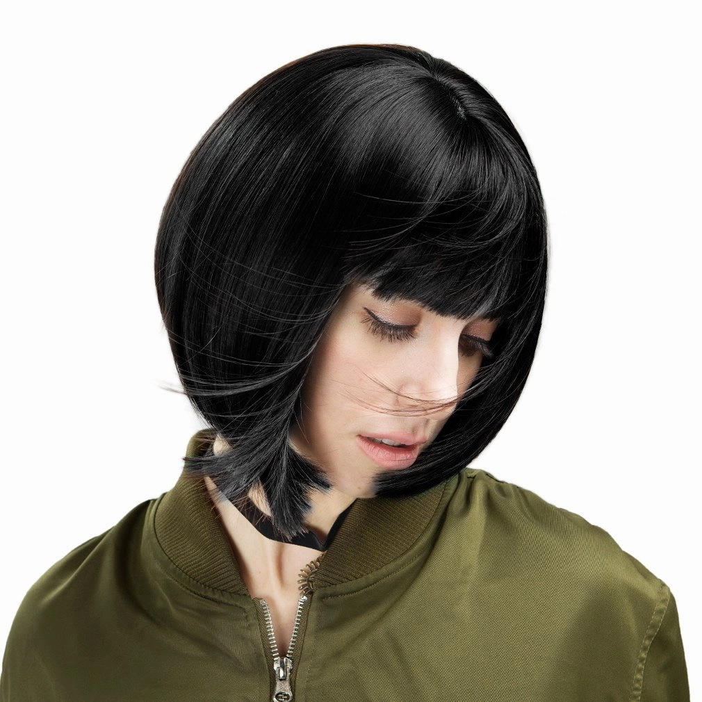 REECHO 11" Short Bob Wig with bangs Synthetic Hair for White Black Women Color: Black