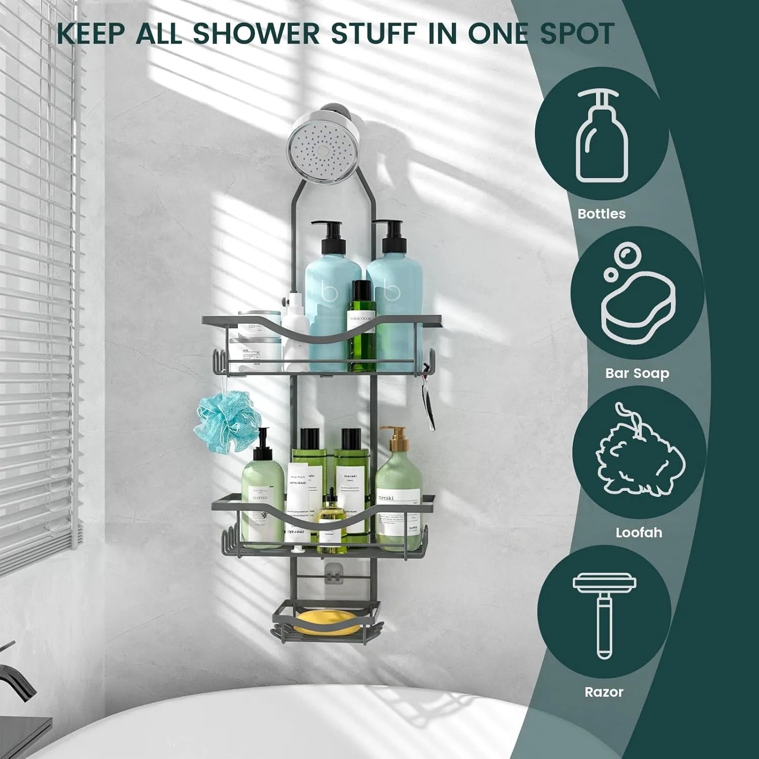 REINHARDT Shower Caddy Hanging Adjustable, Extended Length Rustproof Shower Caddy Over Shower Head with Hooks Soap Holder, Large Capacity Shower Organizer Anti-Swing Bathroom Organizer, Grey