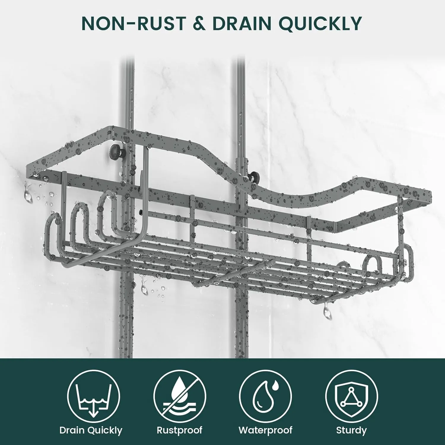 REINHARDT Shower Caddy Hanging Adjustable, Extended Length Rustproof Shower Caddy Over Shower Head with Hooks Soap Holder, Large Capacity Shower Organizer Anti-Swing Bathroom Organizer, Grey