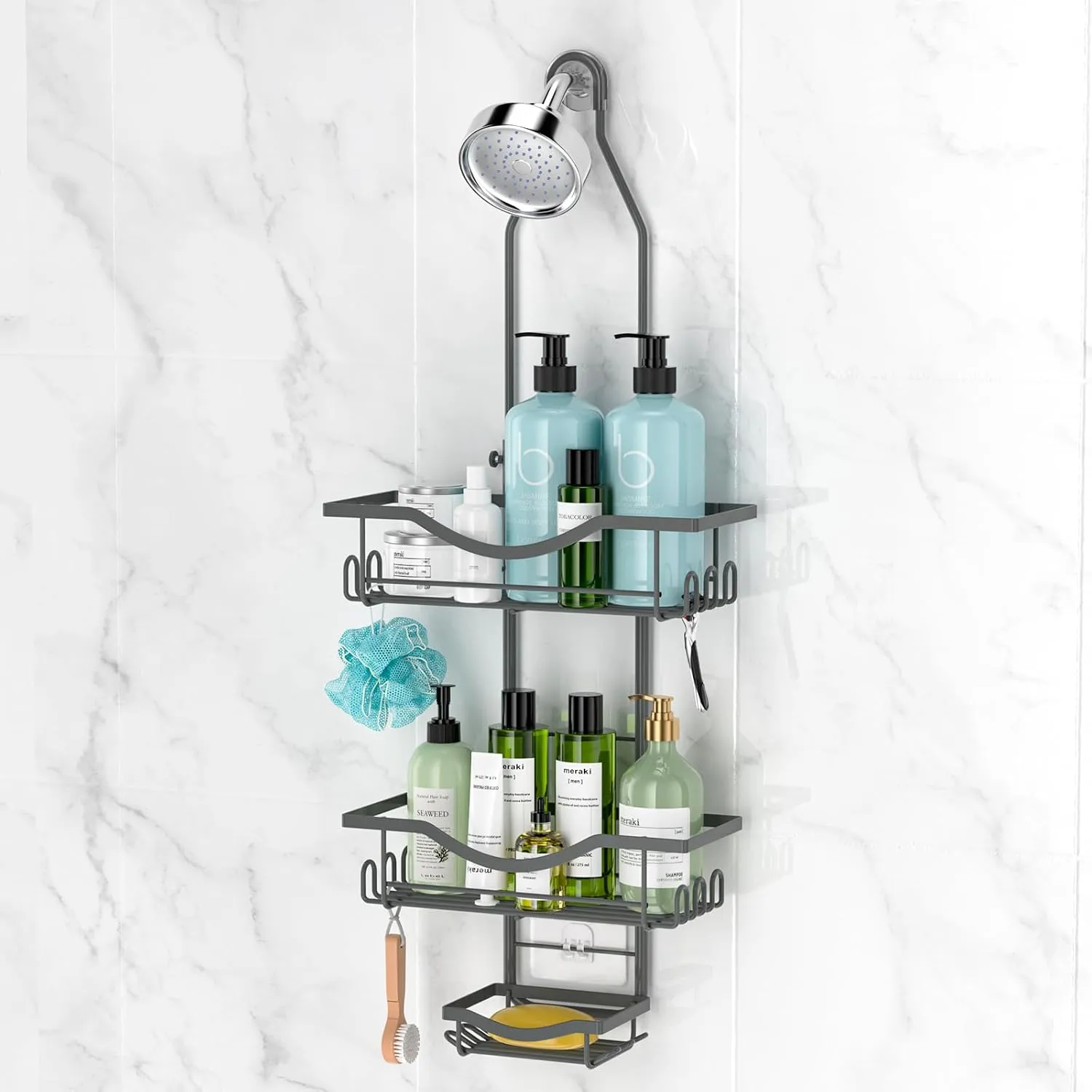 REINHARDT Shower Caddy Hanging Adjustable, Extended Length Rustproof Shower Caddy Over Shower Head with Hooks Soap Holder, Large Capacity Shower Organizer Anti-Swing Bathroom Organizer, Grey