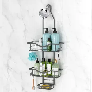 REINHARDT Shower Caddy Hanging Adjustable, Extended Length Rustproof Shower Caddy Over Shower Head with Hooks Soap Holder, Large Capacity Shower Organizer Anti-Swing Bathroom Organizer, Grey