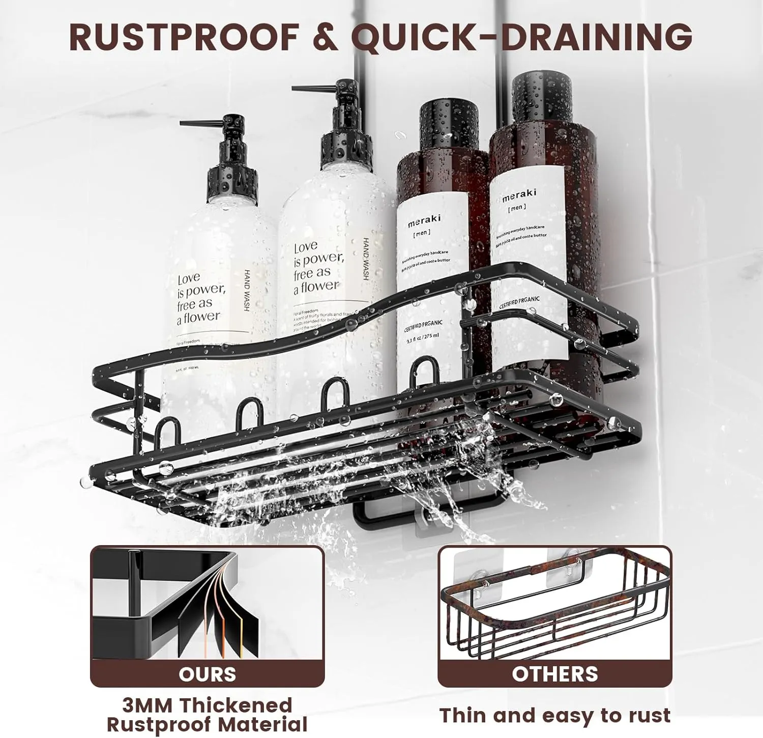 REINHARDT Shower Caddy Hanging, Rustproof Shower Caddy Anti-Swing Shower Organizer Over Showerhead No Drilling Shower Racks with Soap Holder Multi Hooks Bathroom Storage for Shampoo Sponge, Black