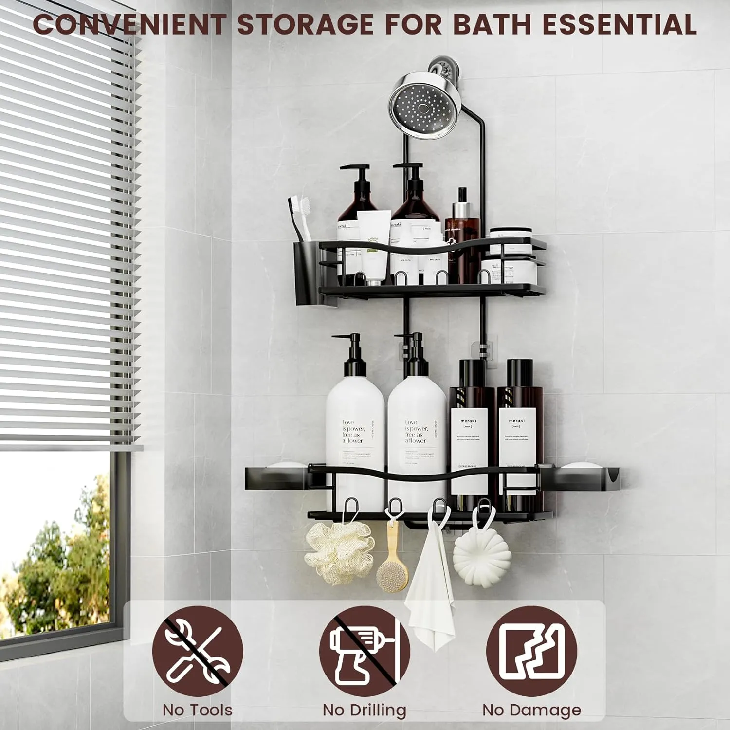 REINHARDT Shower Caddy Hanging, Rustproof Shower Caddy Anti-Swing Shower Organizer Over Showerhead No Drilling Shower Racks with Soap Holder Multi Hooks Bathroom Storage for Shampoo Sponge, Black
